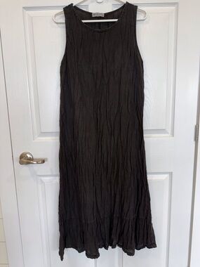 Terzo Millennio Italian linen dress black crinkle sleeveless ruffle hem